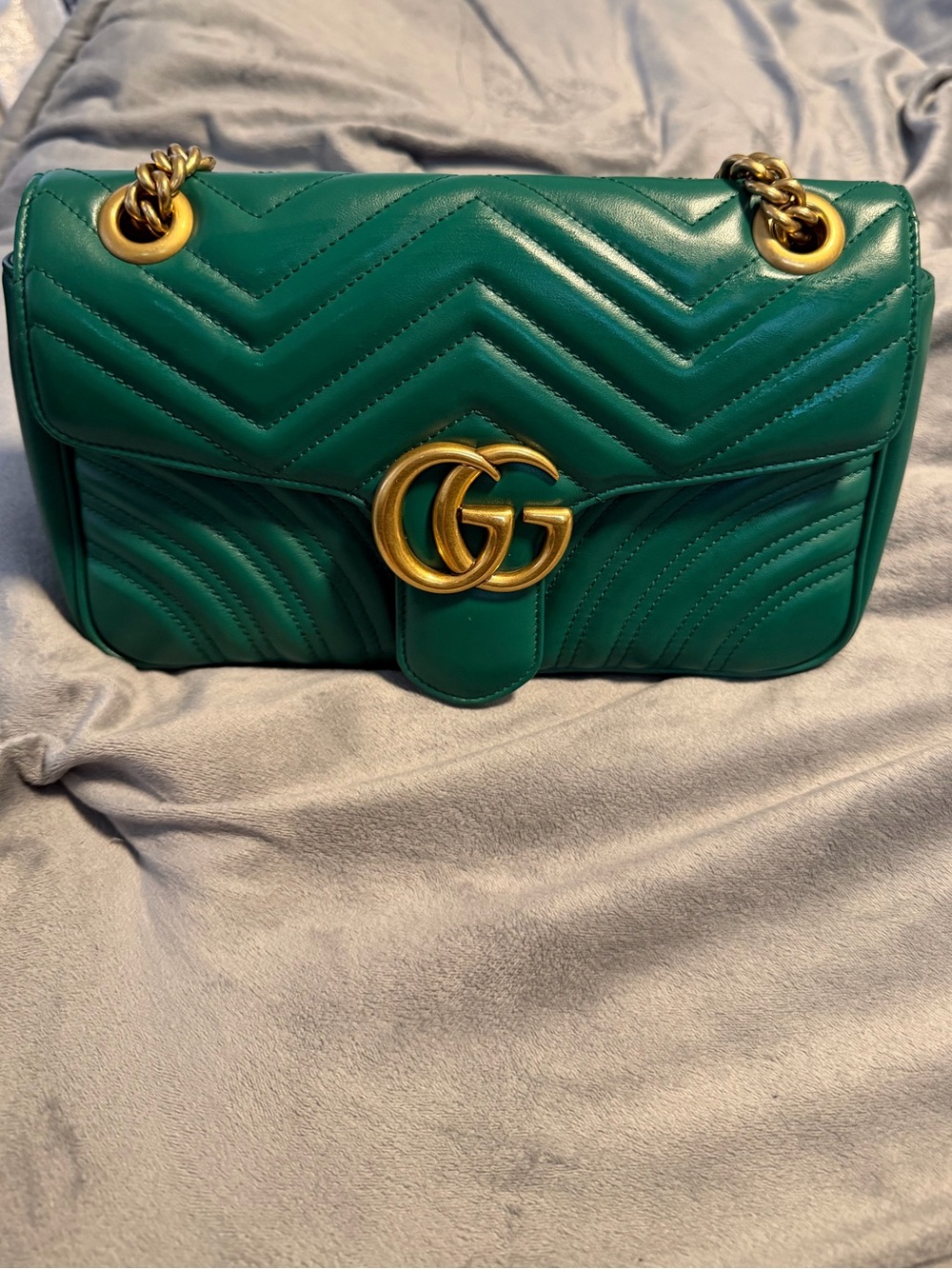 Gucci Marmont Green Chevron Leather Shoulder Bag small